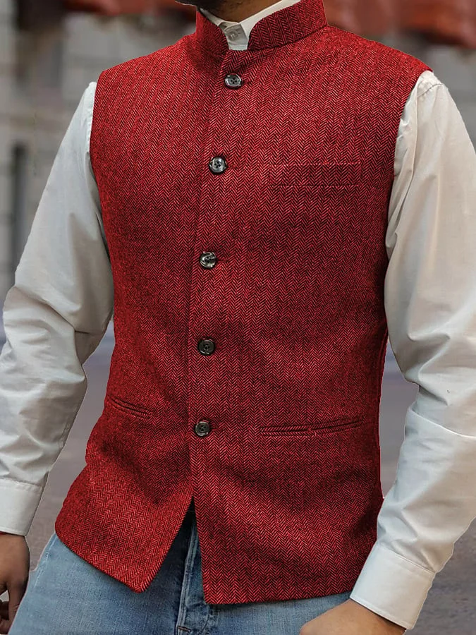 Fashion Temperament Men's Single-Breasted Zhongshan Collar Design Slim Vest Vest