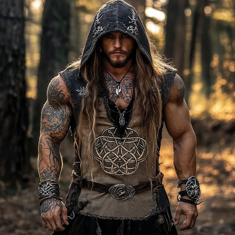 Men's Viking Celtic Knot Patchwork Art Linen Hooded Vest
