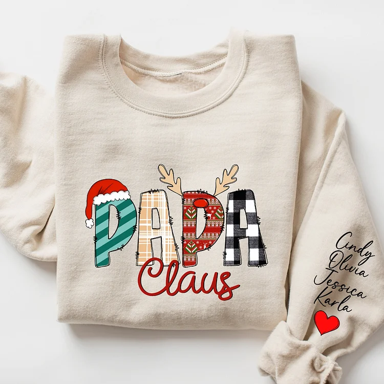 Papa Claus-Christmas Papa Claus Sweatshirt with Children Name on Sleeve,Gift for Papa