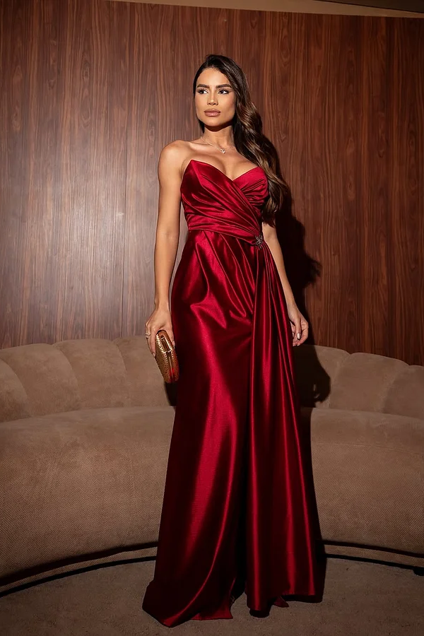 Daisda Red Sleeveless Strapless V-Neck Mermaid Long Prom Dress