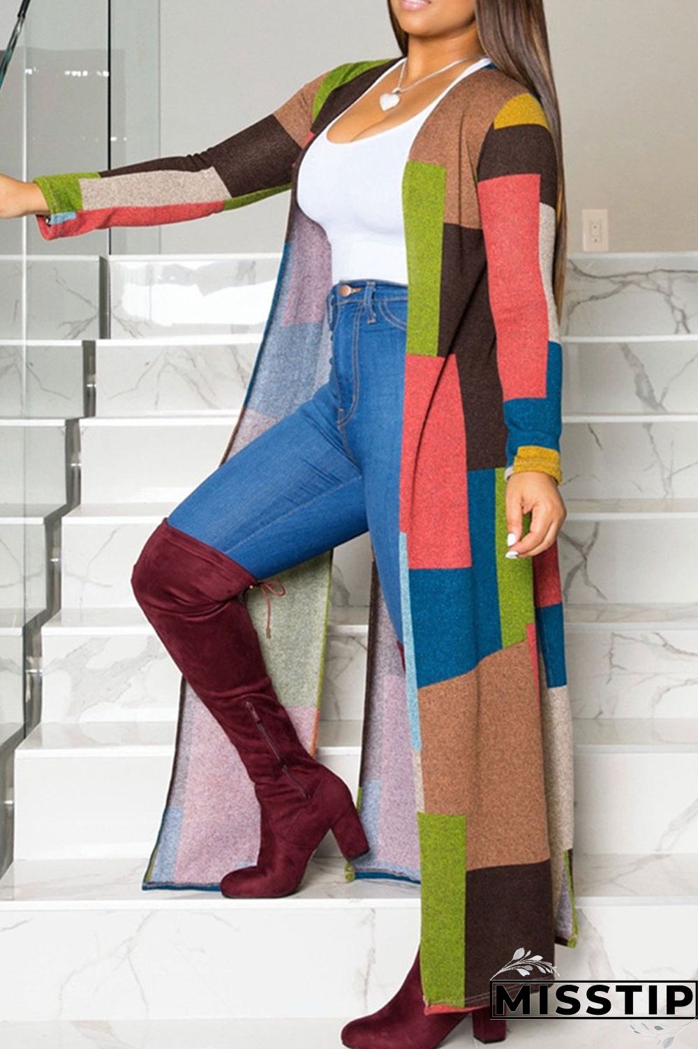 Black And White Casual Geometric Print Patchwork Plus Size Overcoat