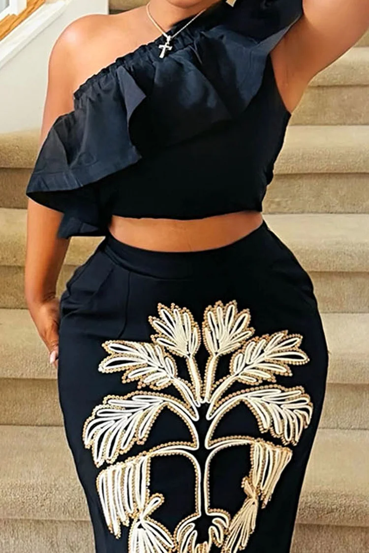 One Shoulder Ruffle Top Embroidery Maxi Skirt 2pcs Set-Black [Pre Order]
