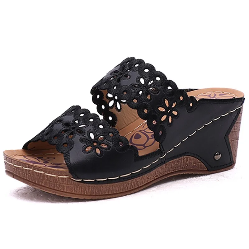 Qengg New Sandals Women Shoes Slip On Open Toe Retro Sandals Ladies Beach Comfy Wedge Sandals Non-Slip Fish Mouth Slides Footwear