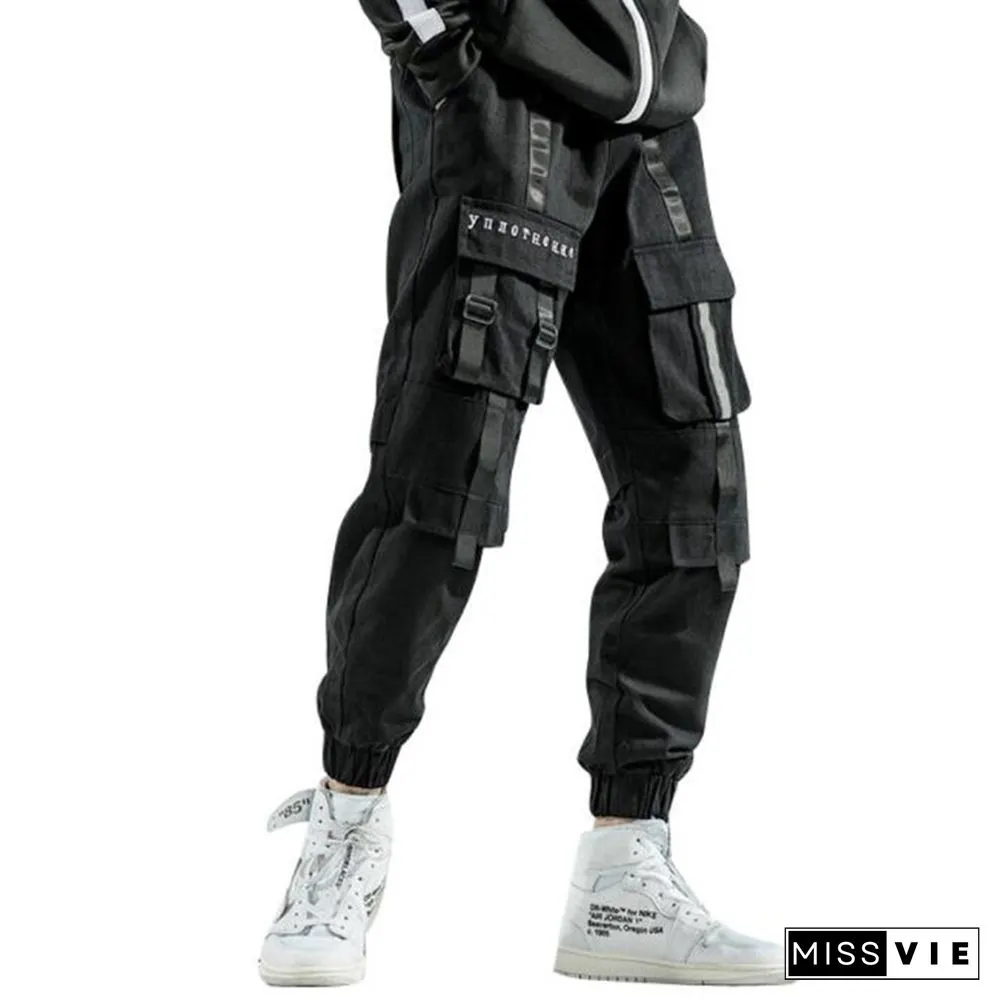 Men's Tech Style Decorative Webbing Multi-Pocket Trousers