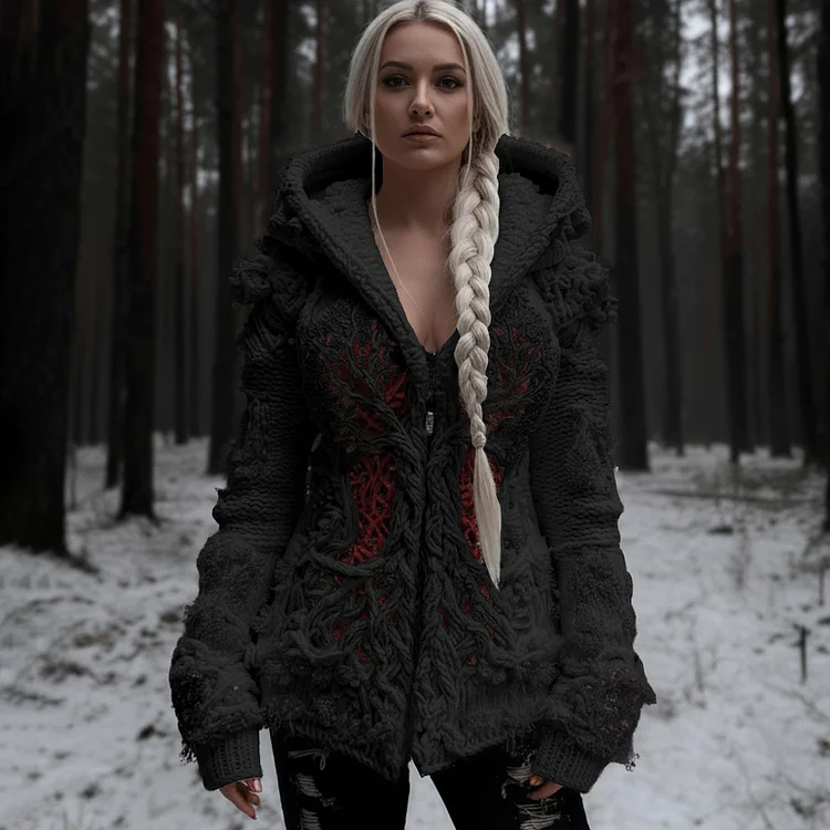 Women's Viking Tree Of Life Cable Knit Zip-up Hooded Sweater