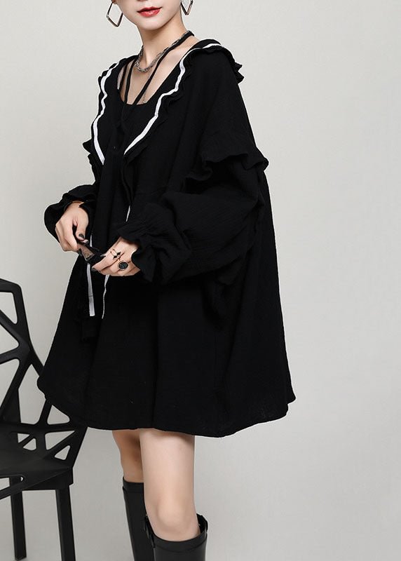 Black Ruffled Cotton Blouse Tops Asymmetrical Design Fall