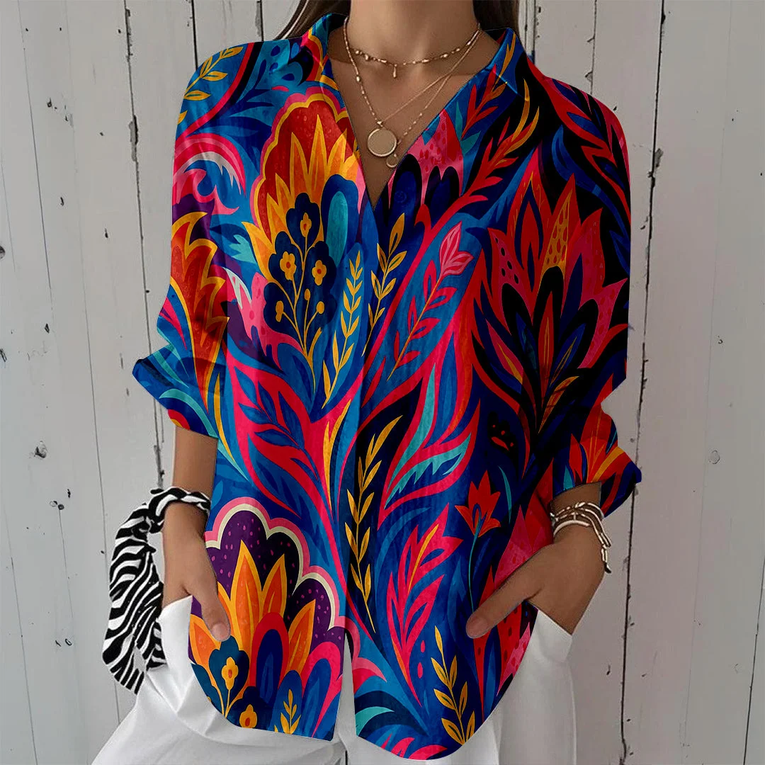 Style & Comfort for Mature Women Women Tropical, Red, Blue DZCL0104 3/4 Sleeve Shirt Collar Printed Button Tops