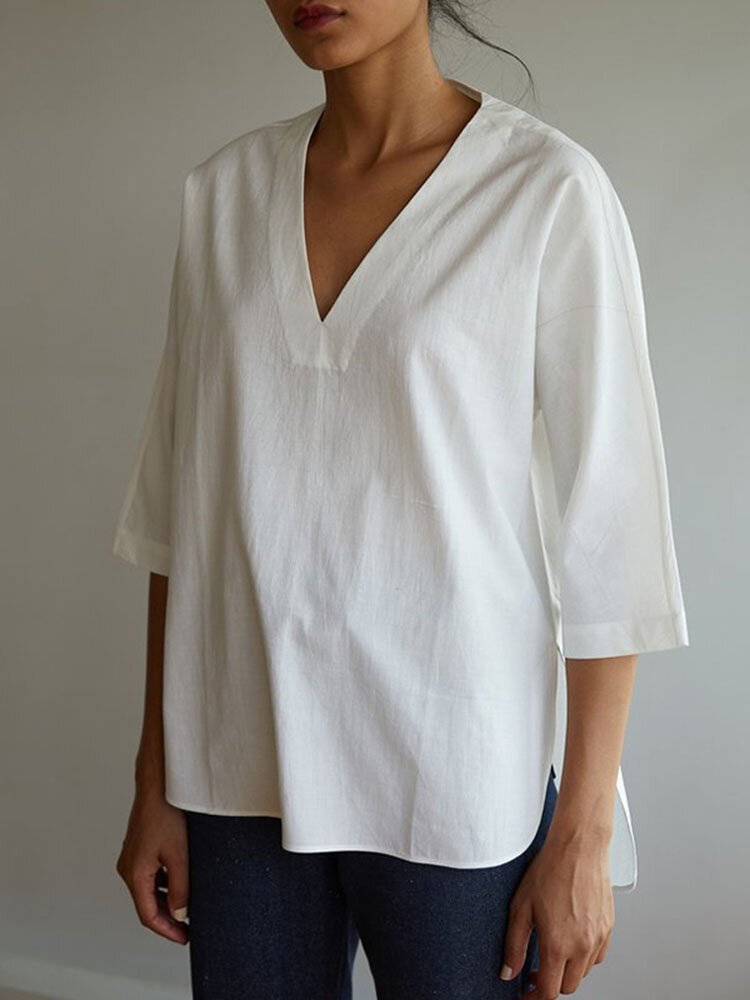Solid Color Long Sleeve V neck Asymmetrical Blouse For Women P1773823