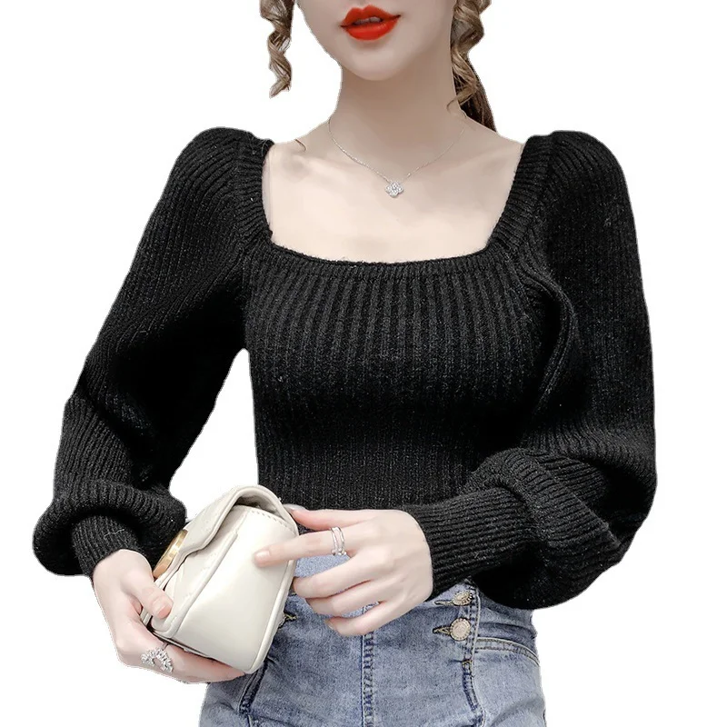 Athvotar Autumn Winter New Korean Slim Lantern Sleeve Fashion Elegant Lazy Wind Sweater Square Collar Design Sweater Women