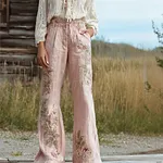 Vintage Boho Pink Roses Embroidered Cozy Linen Pants - Image 2