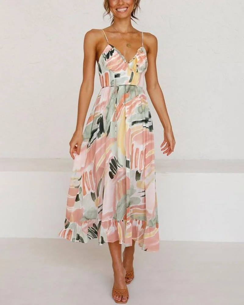 Fashion Ruffle V-Neck Print Resort Dress