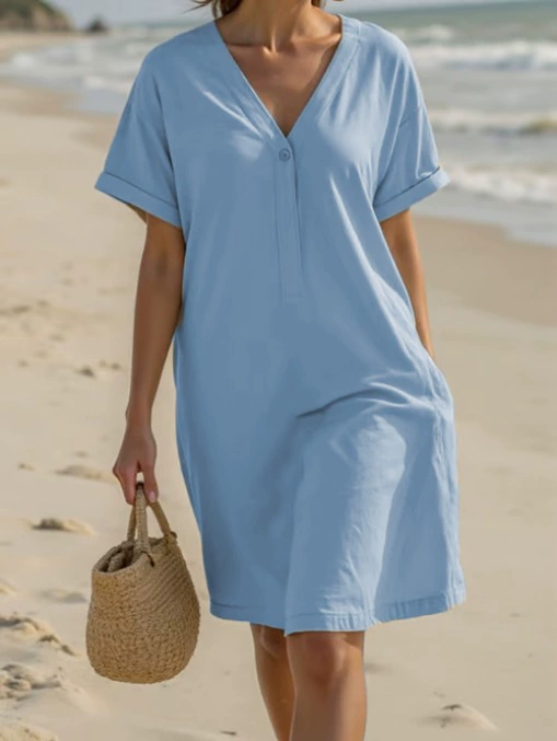  Women'S Fashion Versatile Buckle Ladies Casual Solid Color V Neck Loose Cotton  Dress
