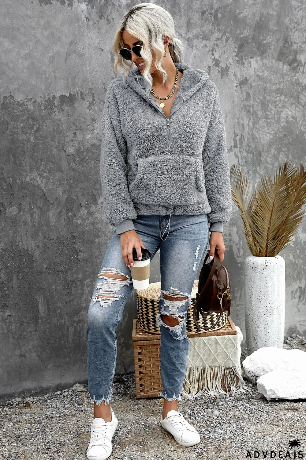 Gray 1/4 Zip Hooded Sherpa Sweatshirt with Kangaroo