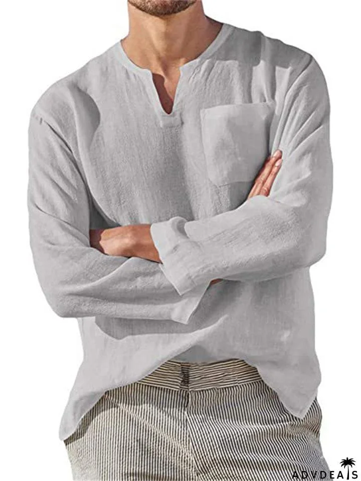 Stylish Comfort Relaxed V Neck Men's Linen Shirt