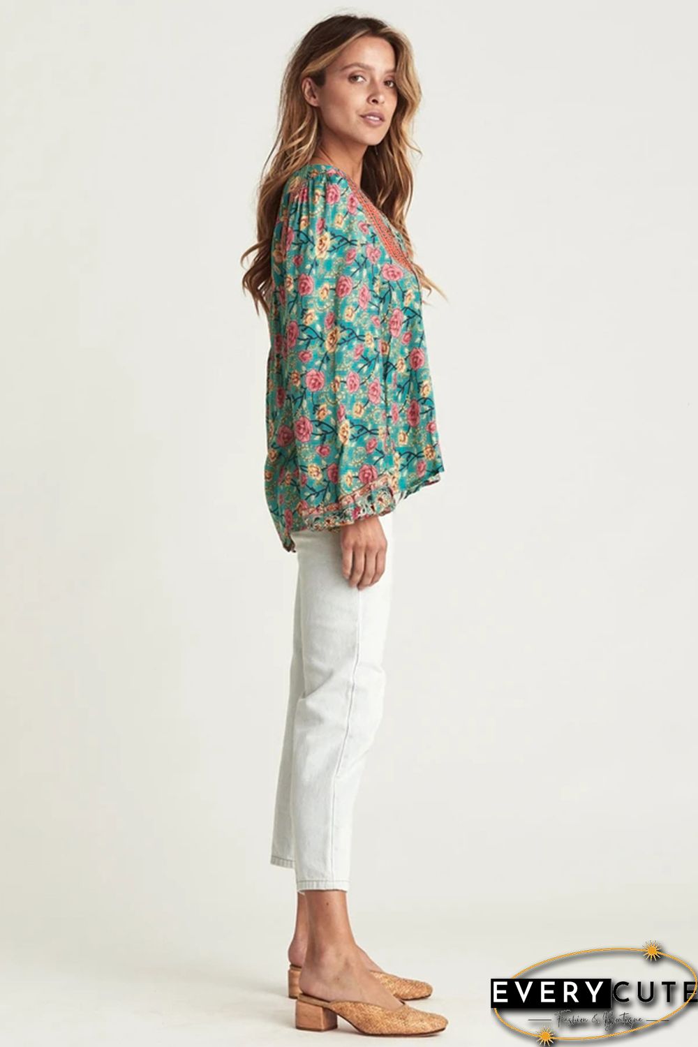 Green V Cut Neck Floral Lantern Sleeve Blouse