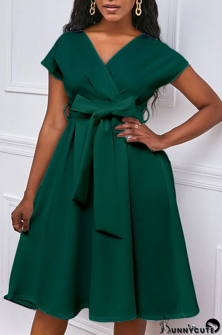 Green Fashion Casual Solid With Bow V Neck A Line Dresses