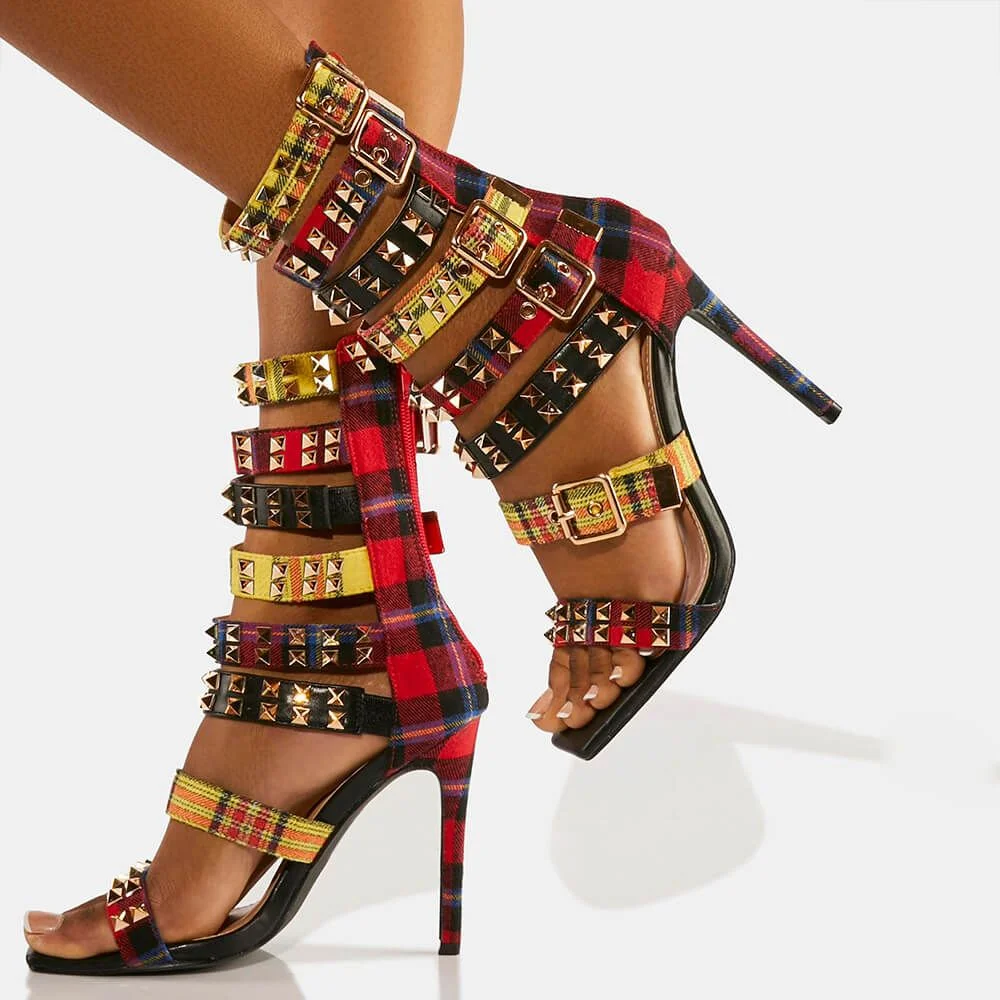 Plaid Square Toe Pumps Studded Open Toe Pumps Buckle Stiletto Pumps Nicepairs