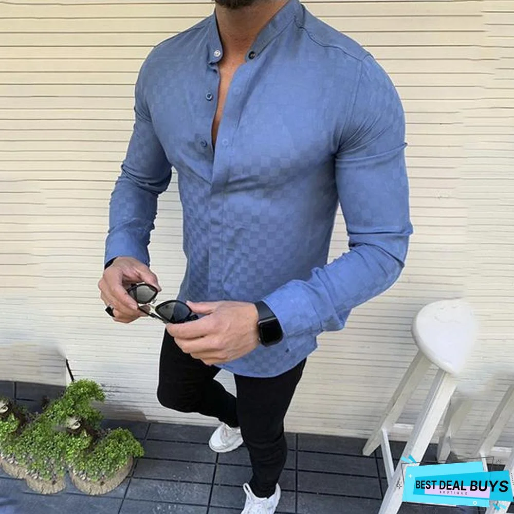 Leisure Solid Color Check Men's Long Sleeve Shirt
