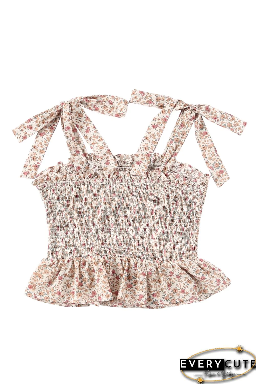 Khaki Floral Print Tie Straps Smocked Peplum Vest