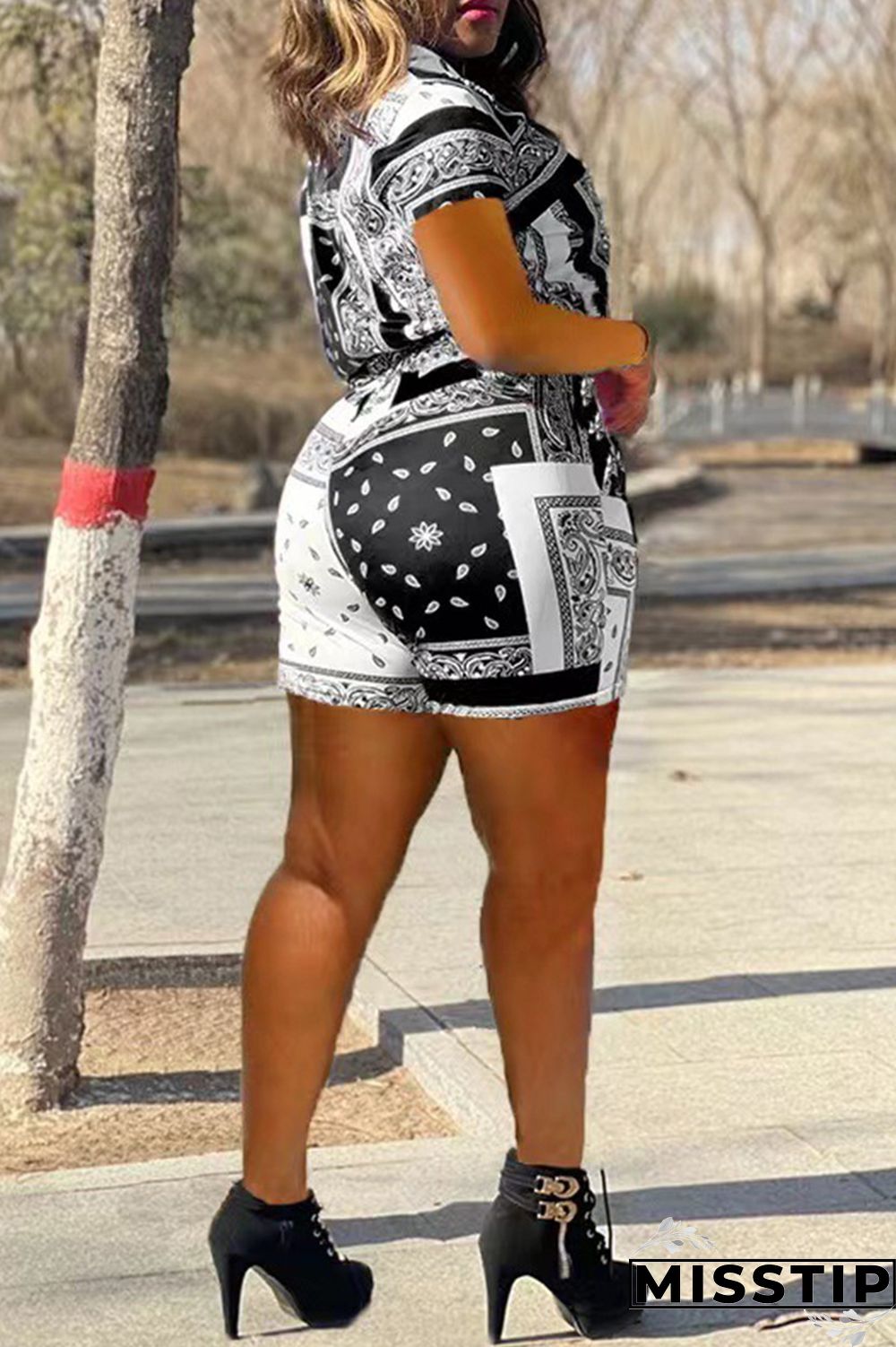 Blue Fashion Casual Print Basic Turndown Collar Short Sleeve Two Pieces