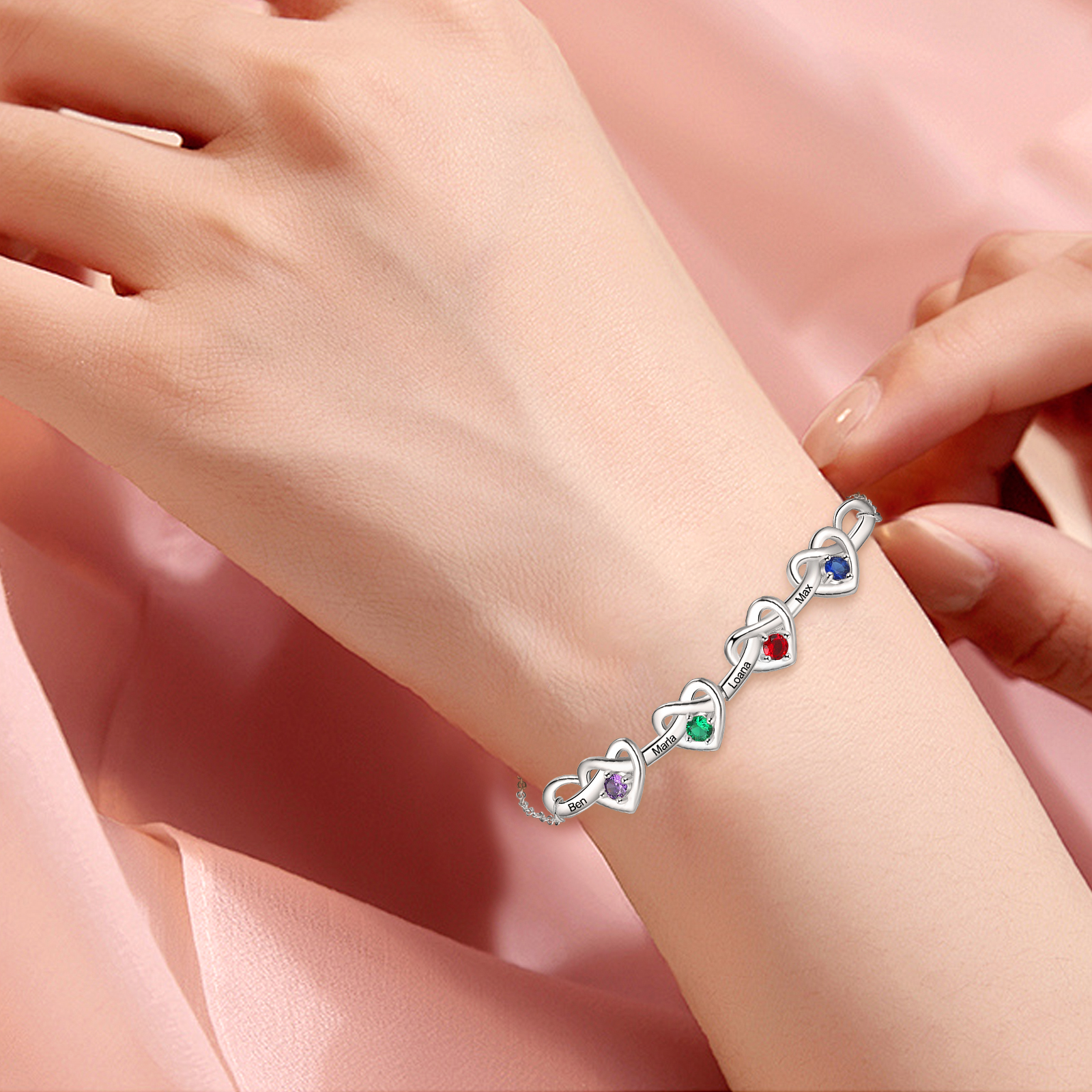4 Names - Personalized Linked Heart Bracelet Custom 4 Birthstones Engraved Text Bracelets- Mother's Day Gift for Mom/Grandma
