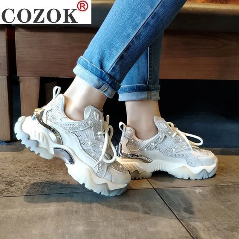 2021 Women's Shoes Comfortable Breathable Mesh Rhinestone Casual Shoes Spring Women's Lace-up Non-slip Wear-resistant Sneakers