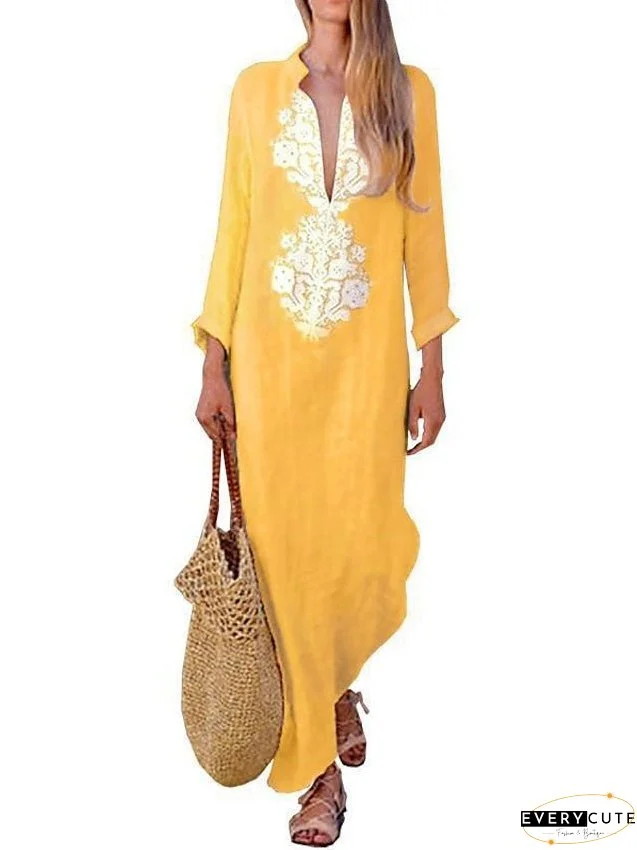 Casual Dress Ethnic Dress Swing Dress Long Dress Maxi Dress Yellow Khaki Light Blue Long Sleeve Floral Print Summer Spring V Neck Fashion Winter Dress Vacation Fall Dress Loose Fit S M L for Women