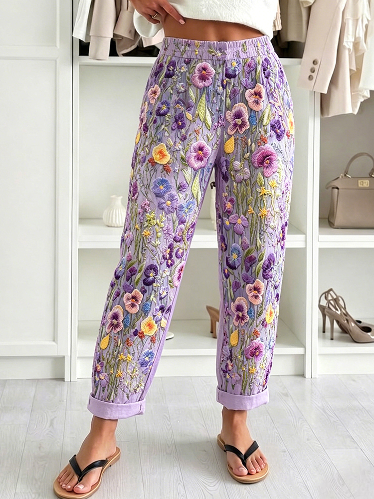 Elegant Violet Wildflower Art Pattern Cozy Linen Pants elevenforest