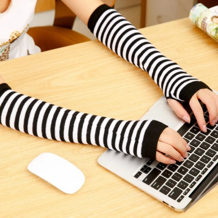 Arm Warmers Women Cashmere Striped Solid Warm Winter Long Finger-less Thicker Womens Sleeve All-match Leisure Trendy Chic Kawaii
