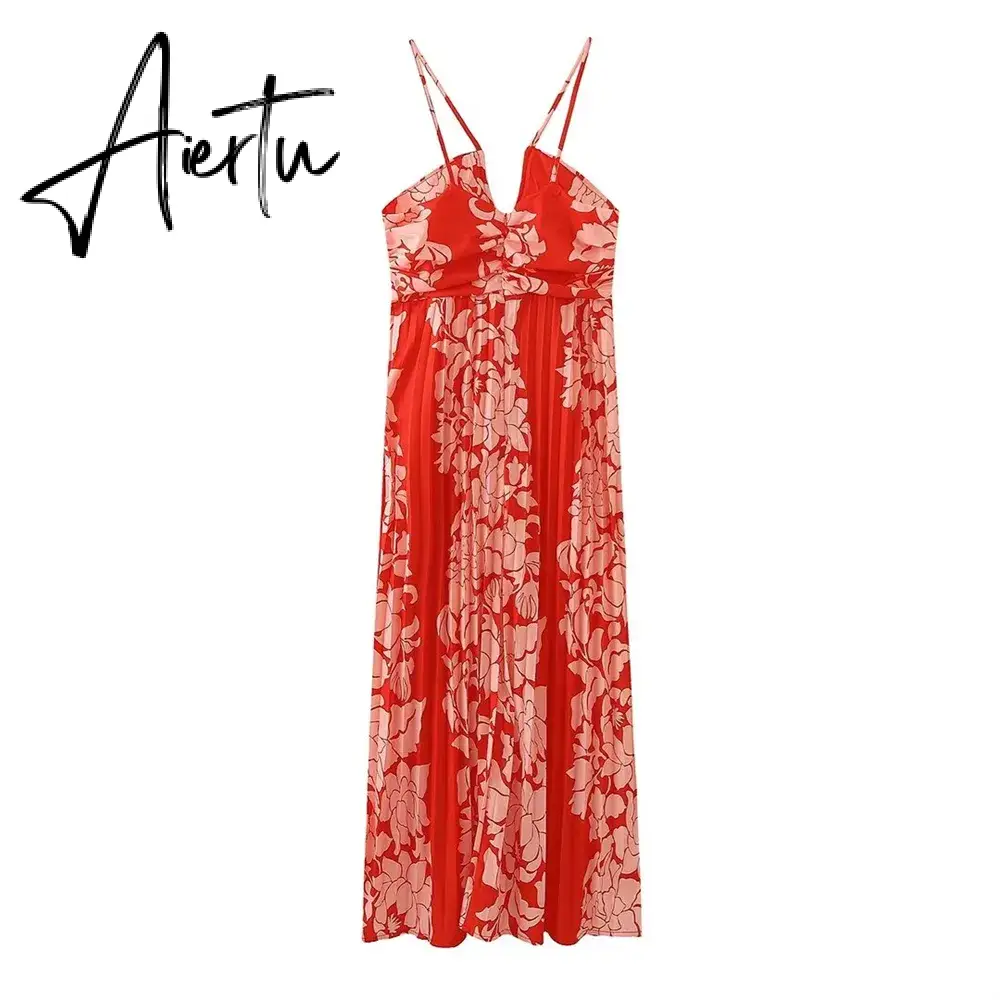 Summer New Holiday Style Print Pleated Open Back High Waist Bra Hanging Neck Neck Sexy Long Dress Aiertu