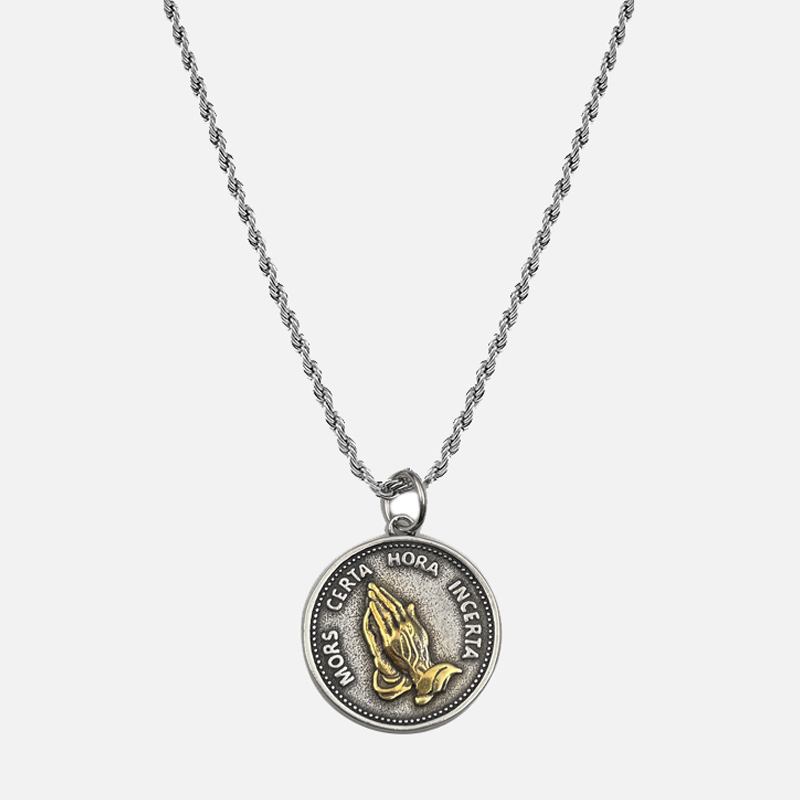 Men's Vintage Praying Hands Pendant Necklace – "Mors Certa, Hora Incerta" Medallion
