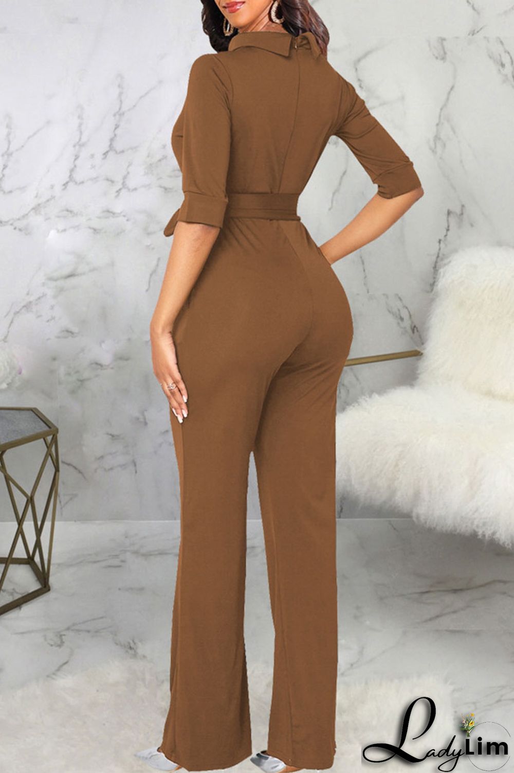 Brown Casual Solid Split Joint With Belt Half A Turtleneck Straight Jumpsuits