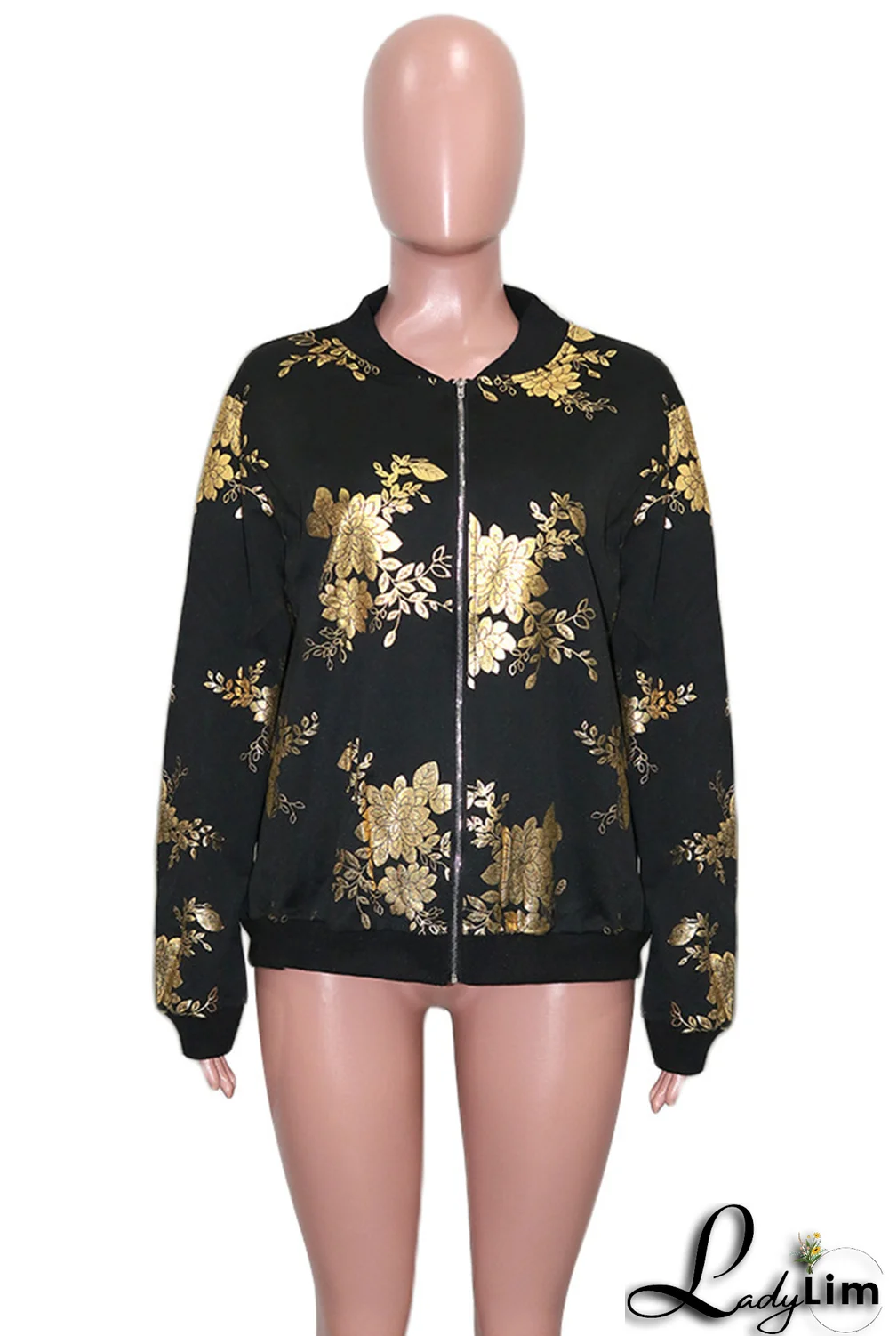 Black Fashion Print Patchwork Zipper Collar Outerwear