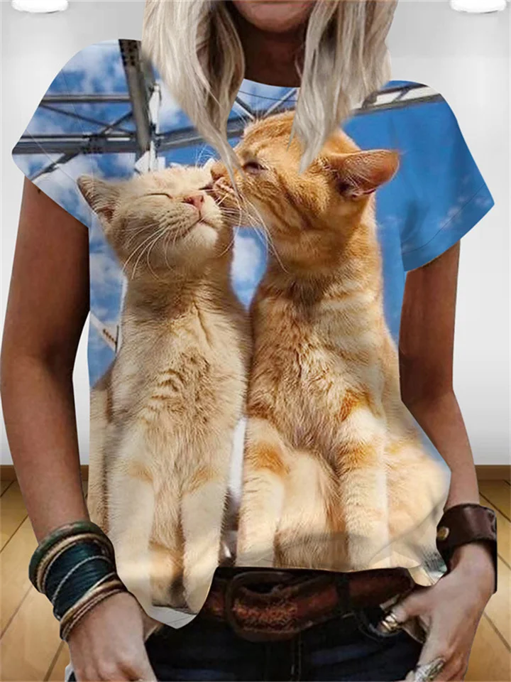 Cat Creative Printing 3D Digital Printing Casual Trend 3D Short-sleeved Women's T-shirt-Mixcun