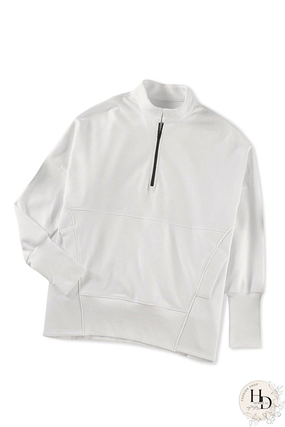 Cozy White Ribbed Pullover with Quarter-Zip Detail