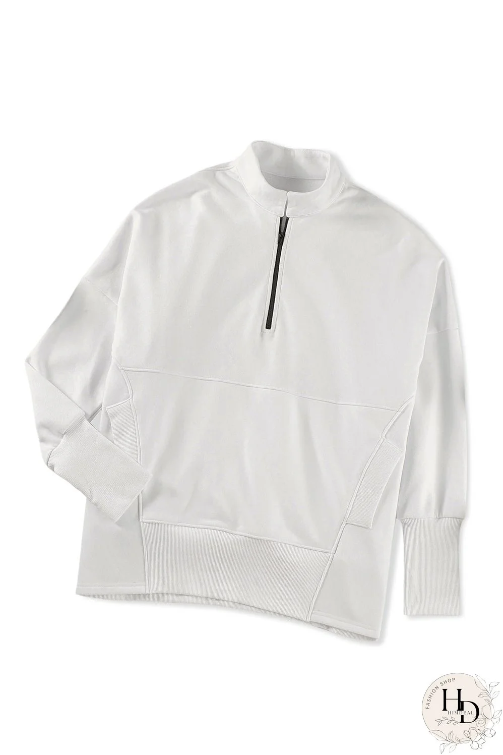 Cozy White Ribbed Pullover with Quarter-Zip Detail