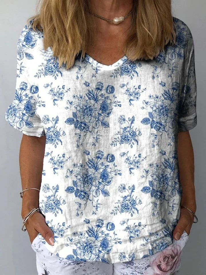 Spring Rose Toile Pattern Printed Women's Casual Cotton And Linen Shirt