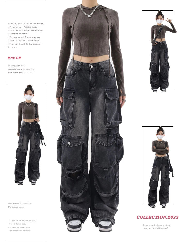Aiertu Women's Black Gothic Baggy Cargo Jeans Vintage Emo 2000s Y2k Harajuku Denim Trouser Korean 90s High Waist Cowboy Pants Clothes Aiertu