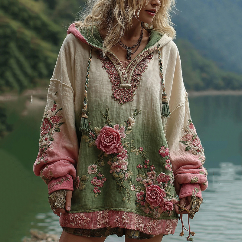 Love & Health Collection Vintage Rózsa és Virágmintás Vászon Hosszú Ujjú Kapucnis Pulóver