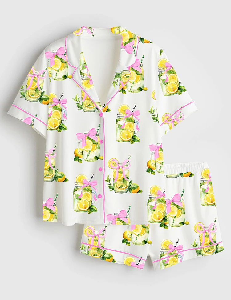Women&rsquo;s Coquette When Life Gives You Lemons Retro Fancy Lemon Print Short Sleeve Satin Pajama Set