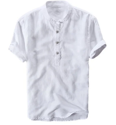 Brownm Brownm Summer Travel Holiday Men's Leisure Simple Small Fresh Linen Shirt Thin Solid Color Short-Sleeved Leisure T-Shirt