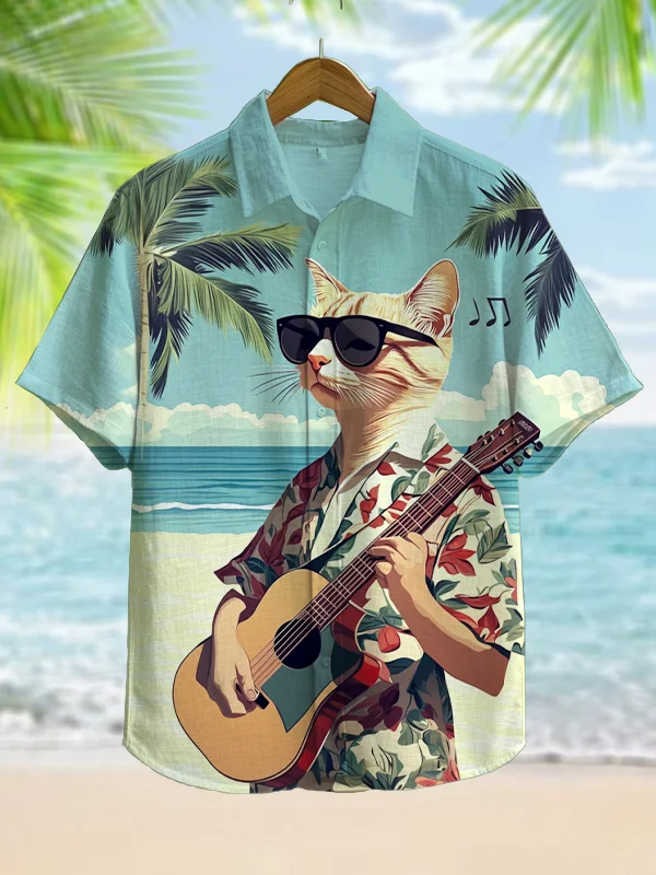 Men's Cat Playing Guitar Print Short Sleeve Vacation Shirt