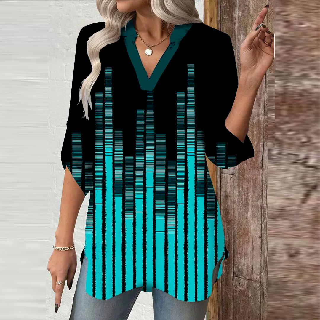 Women Striped,Geometric,Fluorescent DZGA0729 3/4 Sleeve V-neck Printed Graphic Button Tops