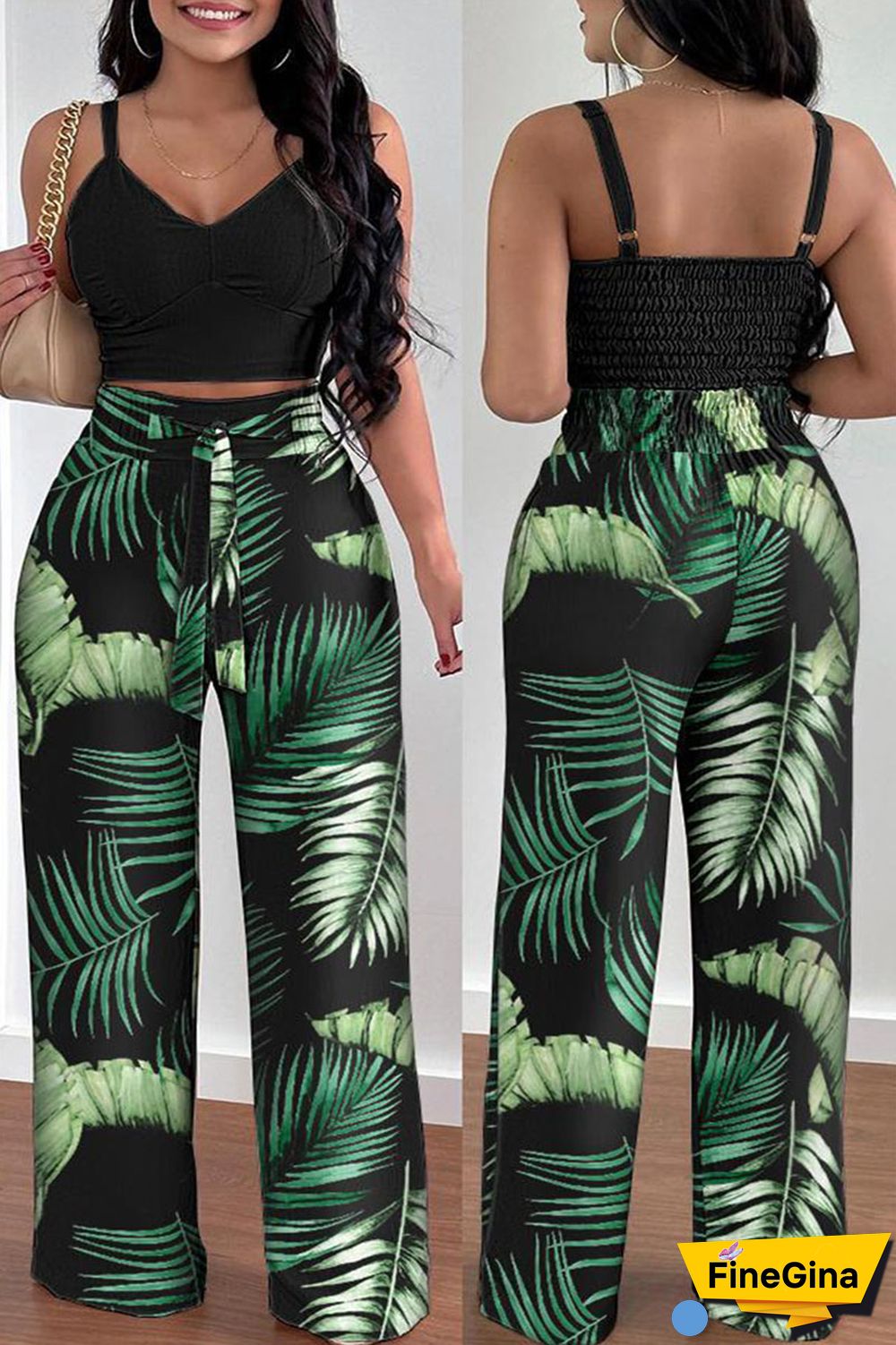 Green Elegant Print Solid Patchwork Pocket Frenulum Fold Spaghetti Strap Sleeveless Two Pieces