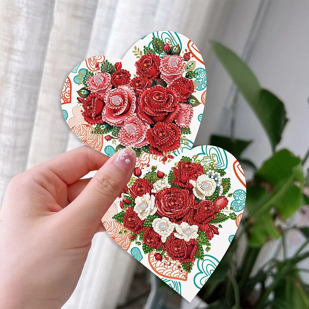 6pcs DIY Heart Rose Special Shape Diamond Painting Greeting Card Kit【With White Envelope】