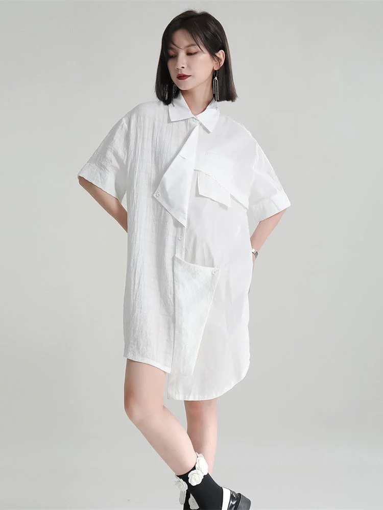 Design White Lapel Asymmetrical Cloth Patchwork Short Sleeve Dress 