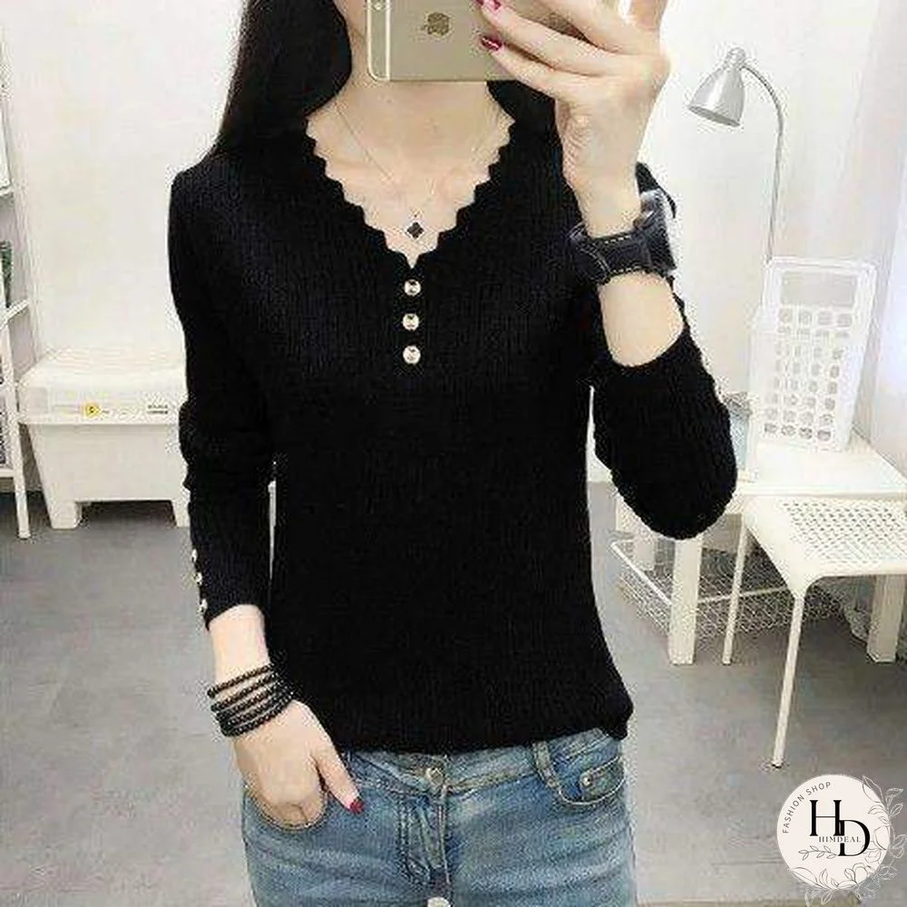 Sexy V Neck Buttons Solid Sweaters Pullover Women Autumn Winter Casual Long Sleeve Knitted Tops Ladies Bodycon Jumper Large Size