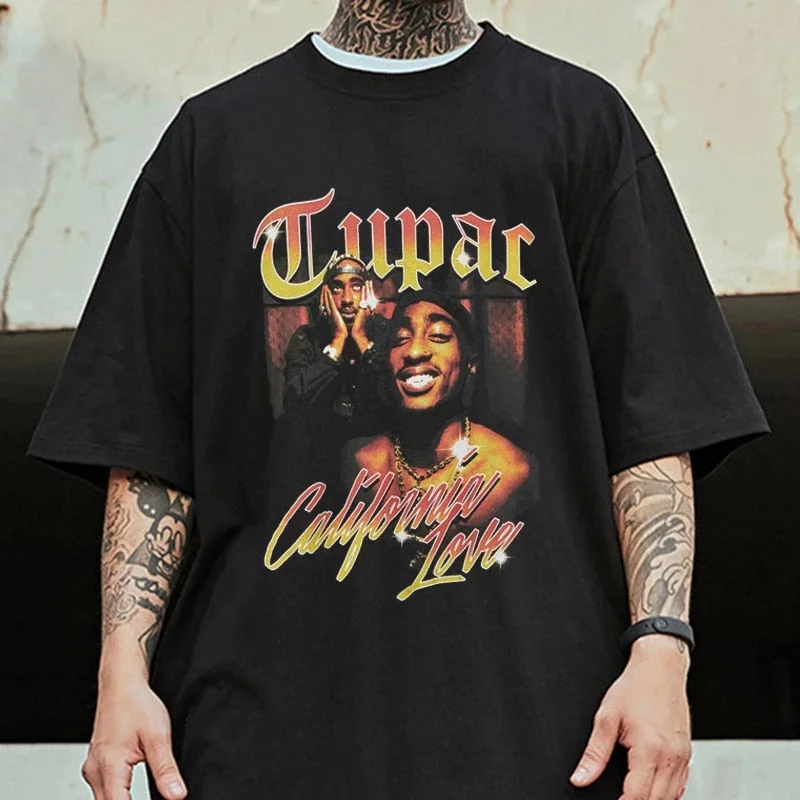 Aonga Streetwear Tops 2Pac Print Oversized T Shirt Hip Hop T Shirts Men Cotton Loose Casual Short Sleeve Mens Tshirt Male Clothing