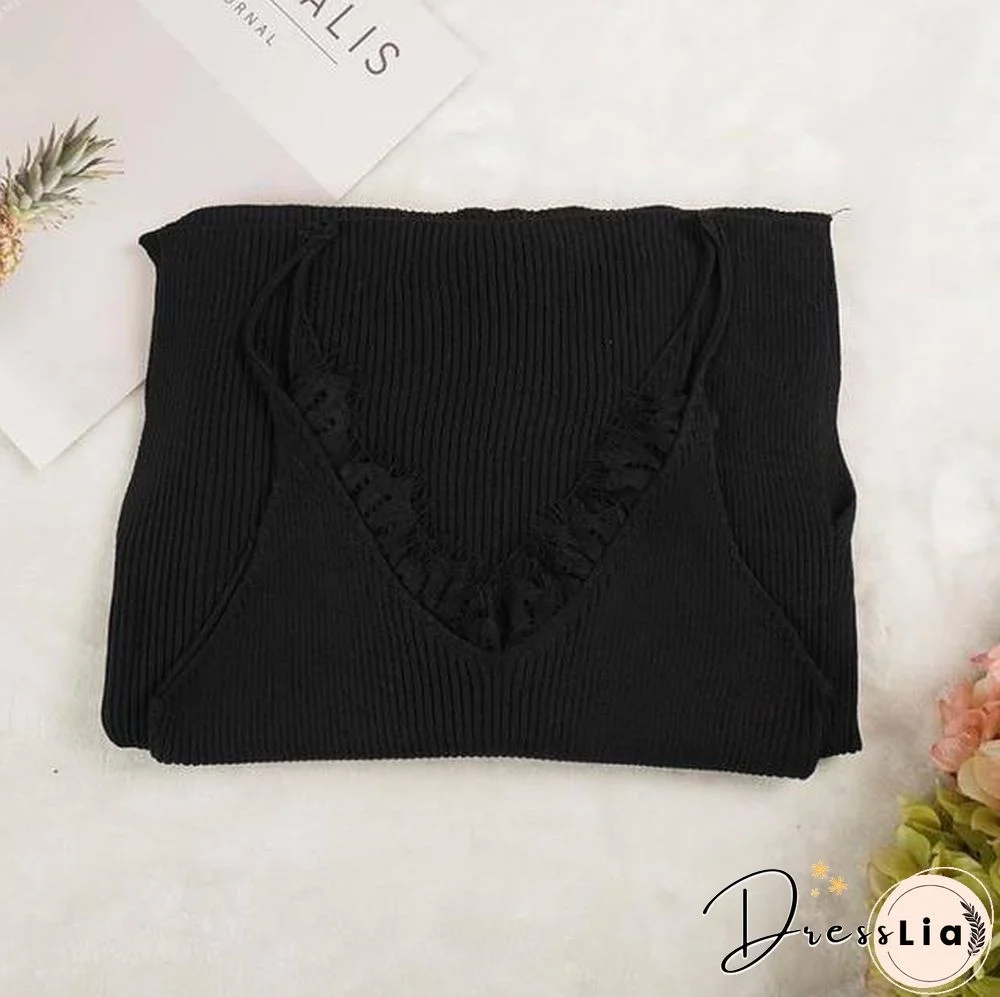 New Women Spaghetti Strap Dresses Split V-Neck Lace Patchwork Knitted Dress Ladies Sleeveless Bodycon Tank Dress Vestidos P022