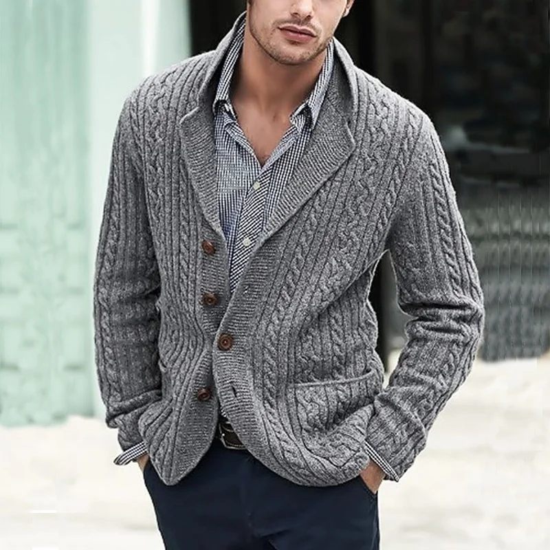 Mongw Mongw And Winter New Men's Long Sleeve Knit Cardigan Single Breasted Pocket Stranded Flower Suit Collar Casual Men's Sweater